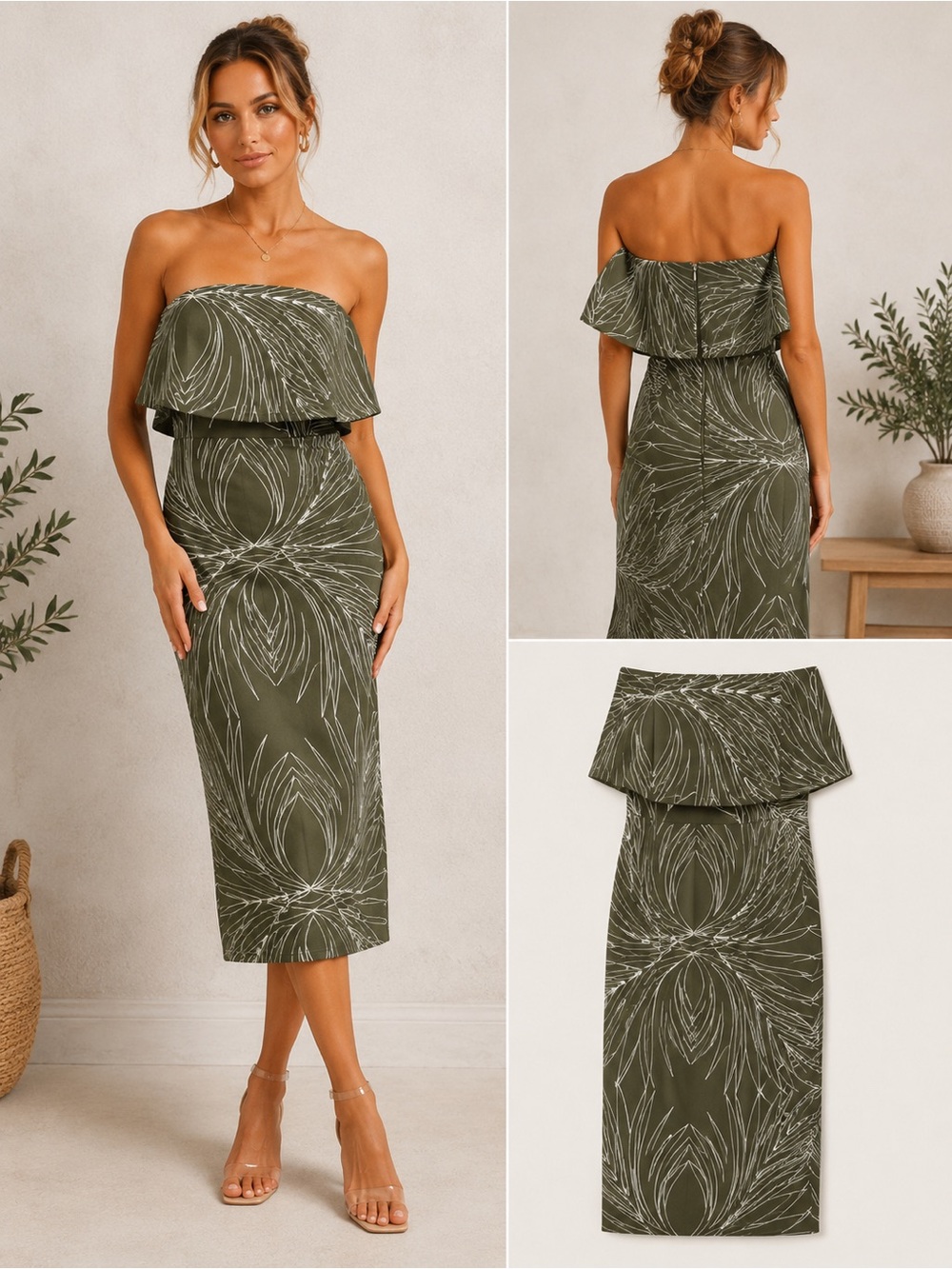 Off-Shoulder Green Printed Sheath Dress